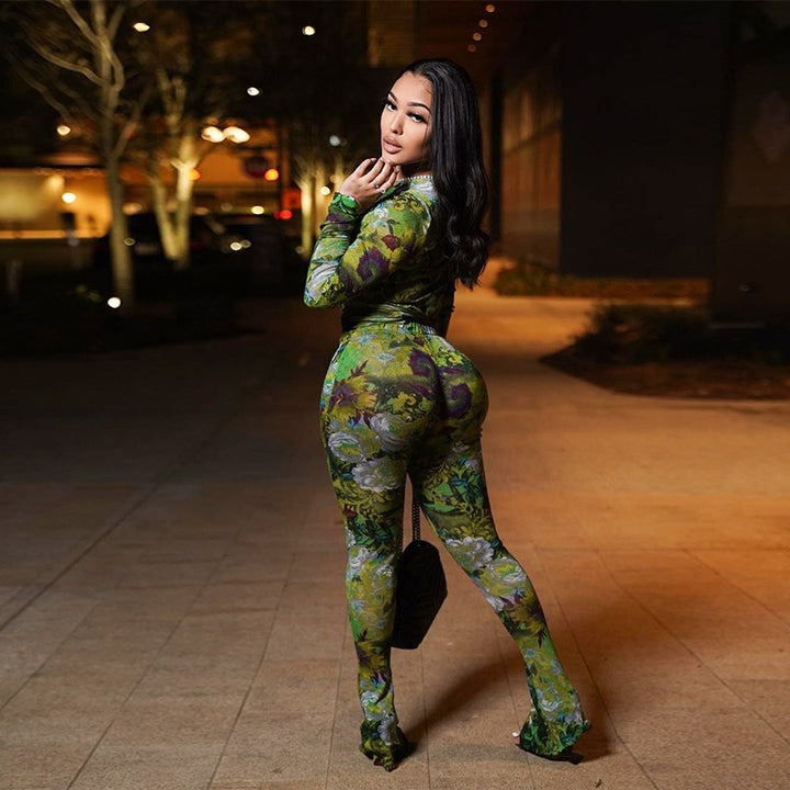 Floral Mesh Printed Long Sleeve Two Piece Set