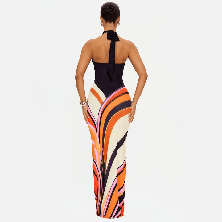Women’s Halter Neck Backless Maxi Dress – Sexy Color Block Bodycon