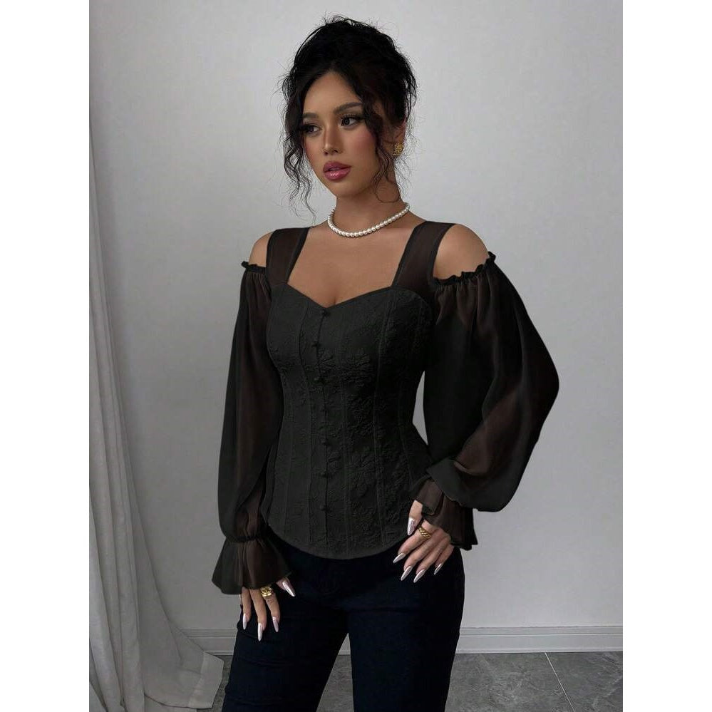 Women’s Floral Jacquard Square Neck Off-Shoulder Top
