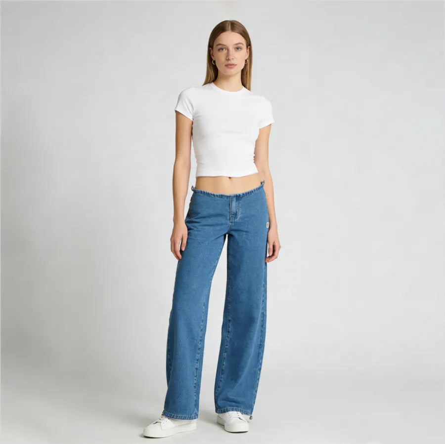 Women’s Relaxed Straight-Leg Jeans – Lightweight Drawstring Elastic Waist