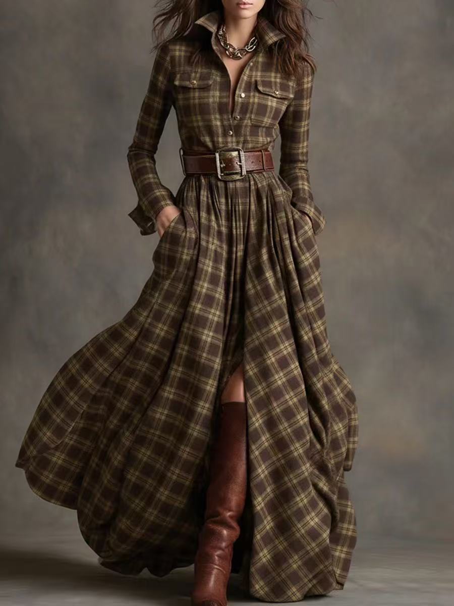 French Vintage Plaid Maxi Dress