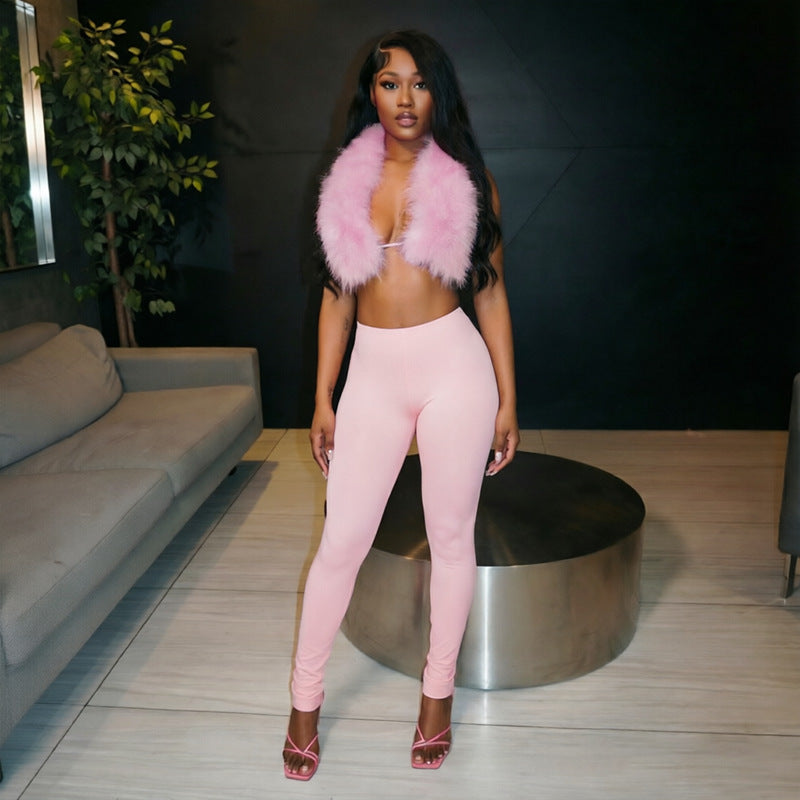 Sexy Faux Fur Halter Top & High-Waist Sculpting Leggings Two-Piece Set