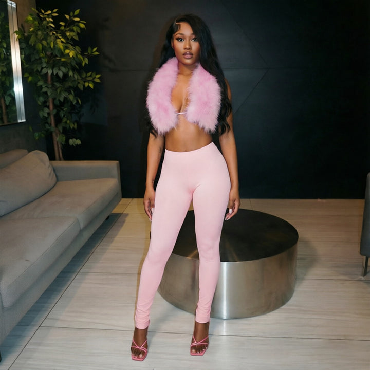 Sexy Faux Fur Halter Top & High-Waist Sculpting Leggings Two-Piece Set