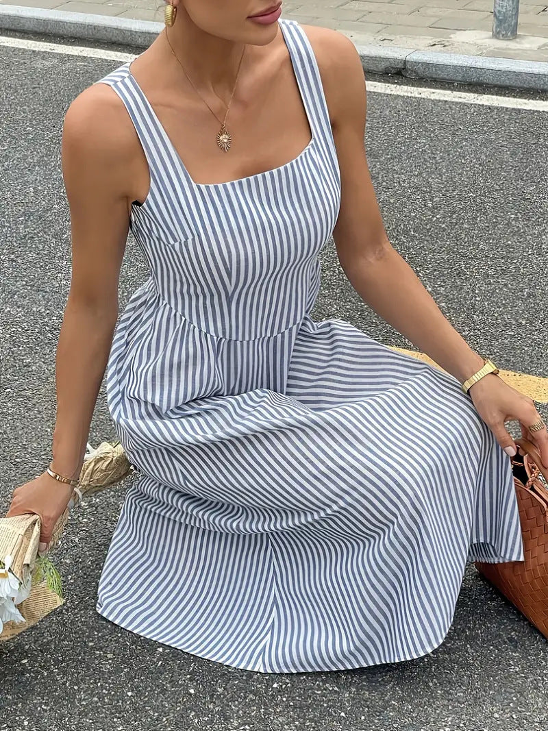 Elegant Striped Square Neck Midi Dress for Women