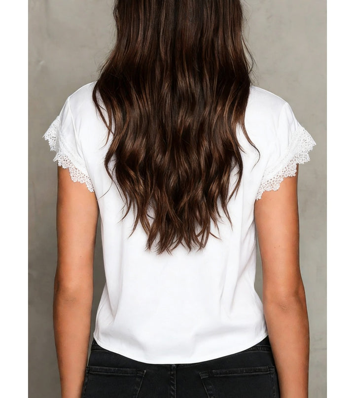 Women’s Lace Trim Satin Blouse – V Neck Short Sleeve Tie Front Top