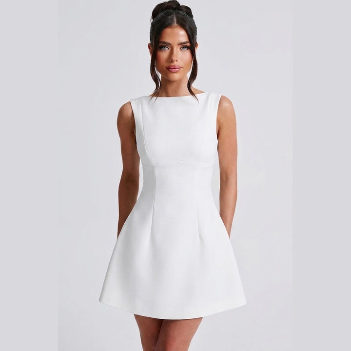 Women's Basic Solid Backless Boat Neck Tank A-line Dress