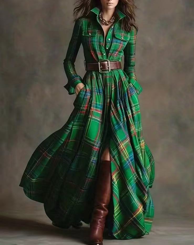 French Vintage Plaid Maxi Dress