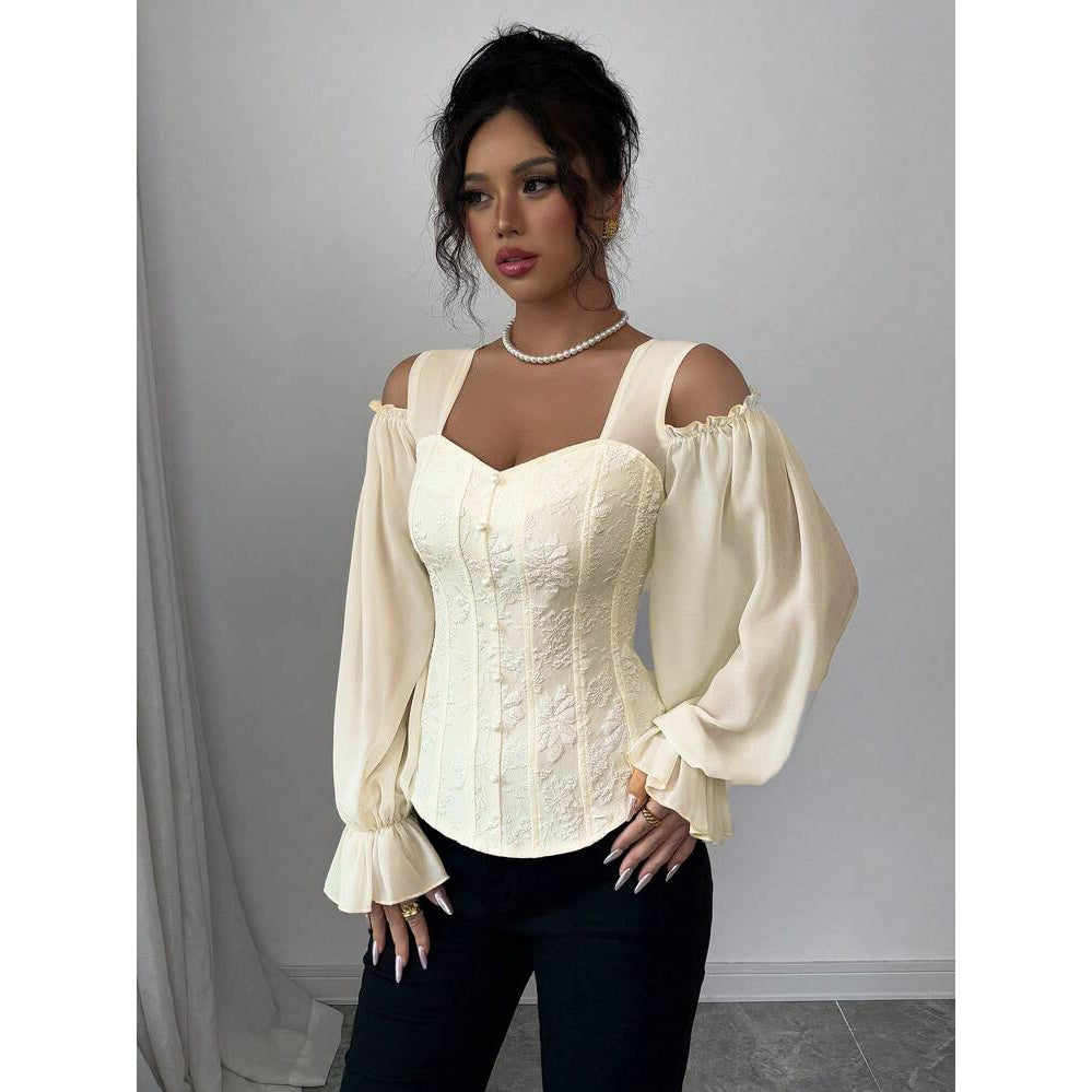 Women’s Floral Jacquard Square Neck Off-Shoulder Top