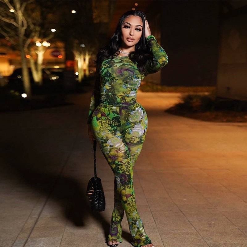 Floral Mesh Printed Long Sleeve Two Piece Set