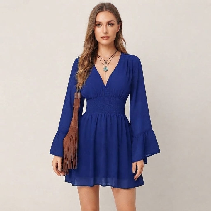 Women’s V-Neck Mini Dress – Long Flare Sleeve Smocked Waist