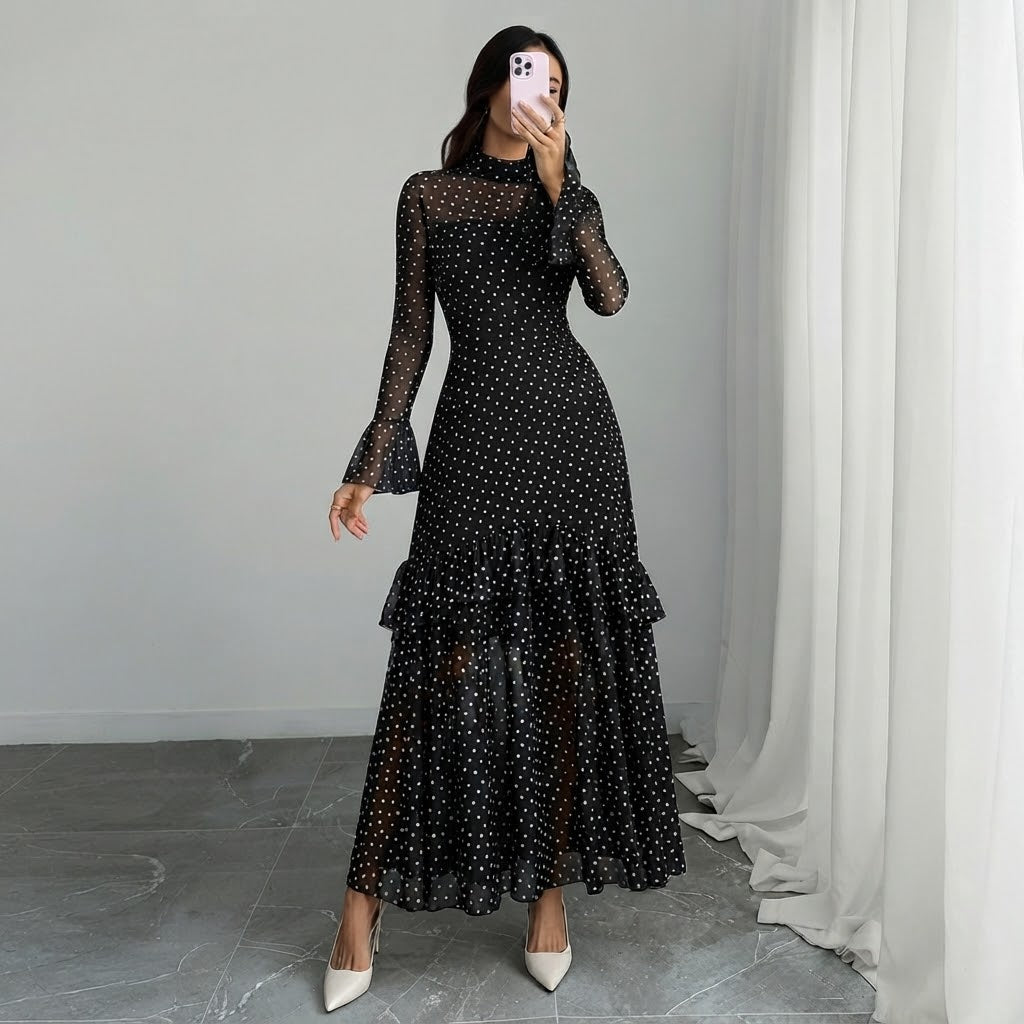 Women’s Floral Print Maxi Dress – Ruffle Sleeve, Sheer Mesh & Flowy Hem