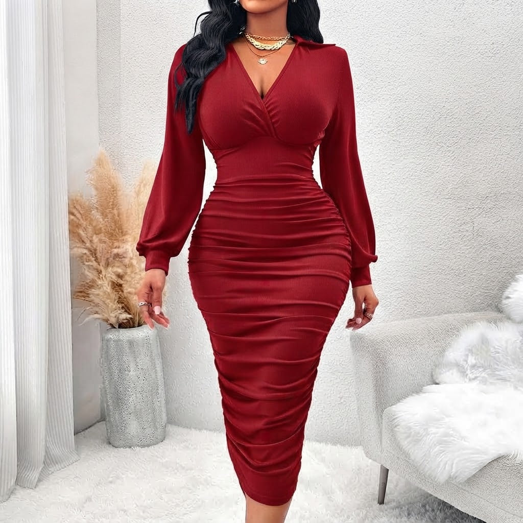 Women’s V-Neck Ruched Bodycon Dress