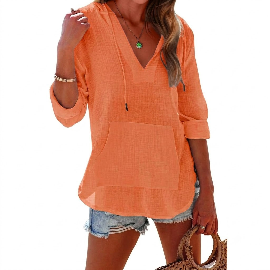 Women's Relaxed V Neck Drawstring Hooded Top