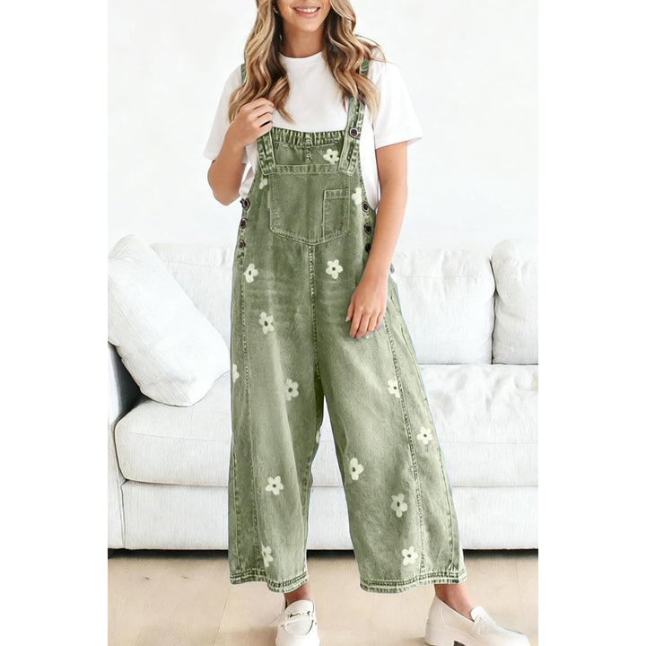 Women’s Floral Denim Overalls – Adjustable Strap Wide Leg