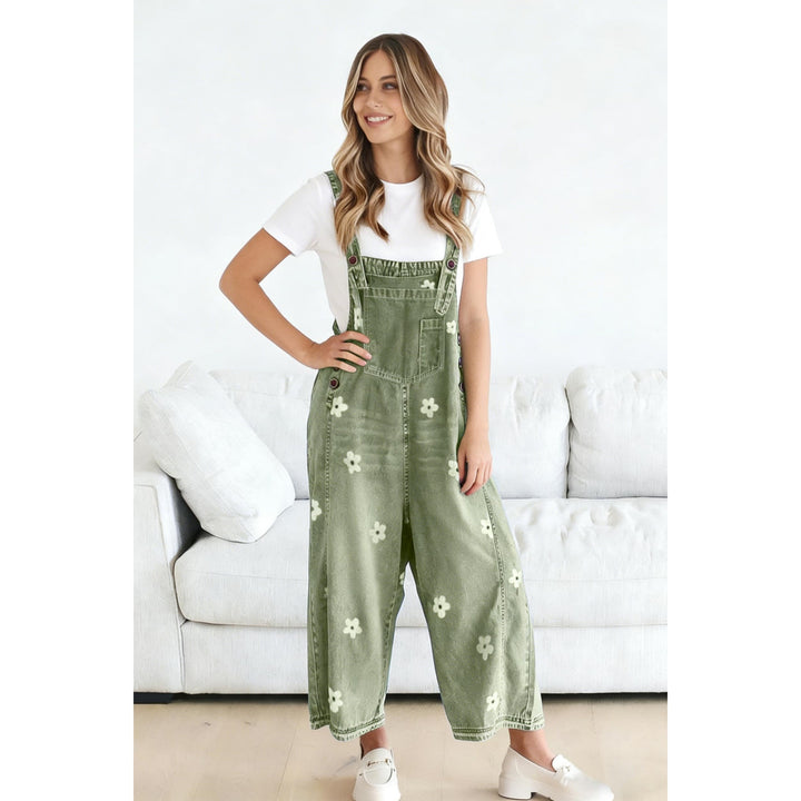 Women’s Floral Denim Overalls – Adjustable Strap Wide Leg