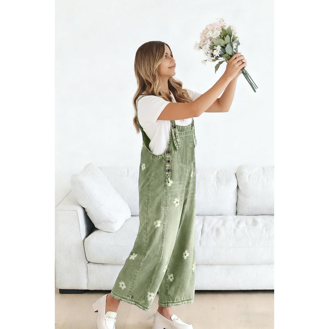 Women’s Floral Denim Overalls – Adjustable Strap Wide Leg