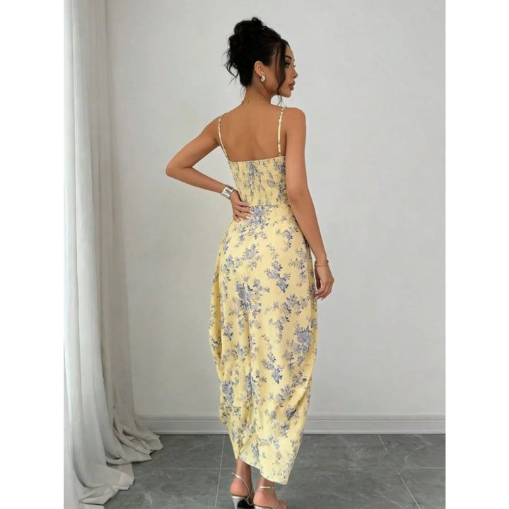 Women’s Floral Spaghetti Strap Maxi Dress – Ruched Waist A-Line Dress with Front Slit
