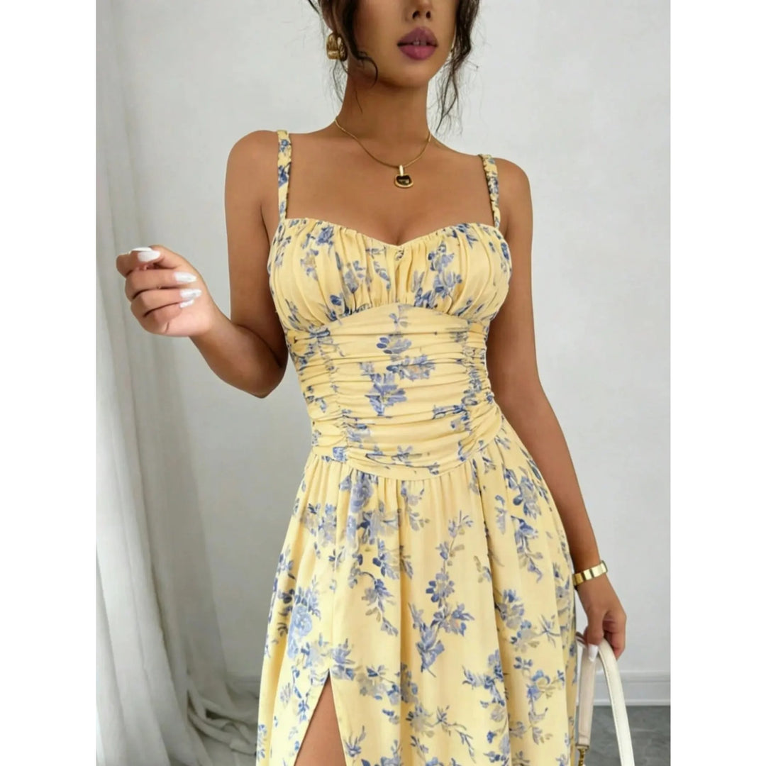 Women’s Floral Spaghetti Strap Maxi Dress – Ruched Waist A-Line Dress with Front Slit