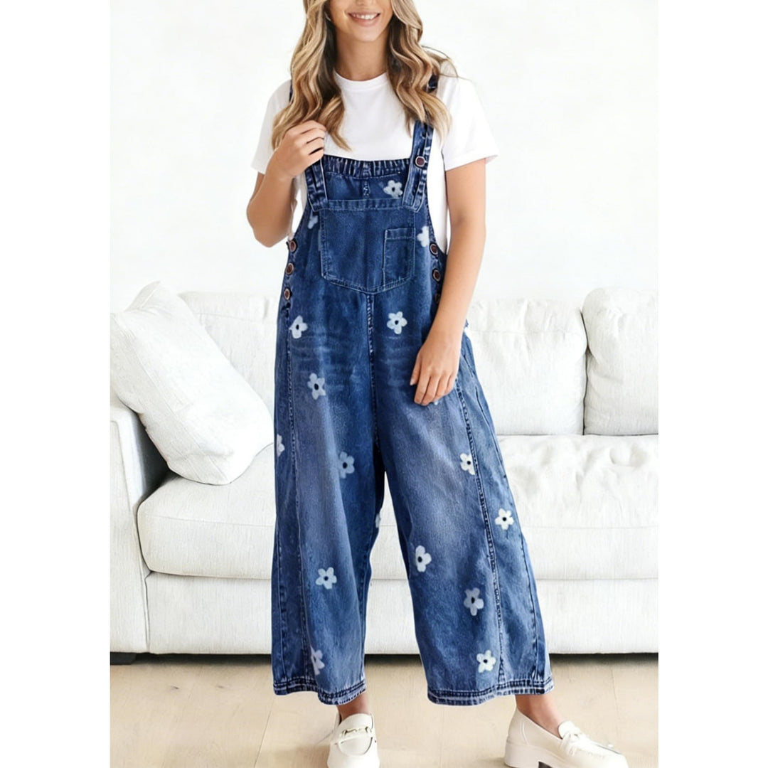 Women’s Floral Denim Overalls – Adjustable Strap Wide Leg