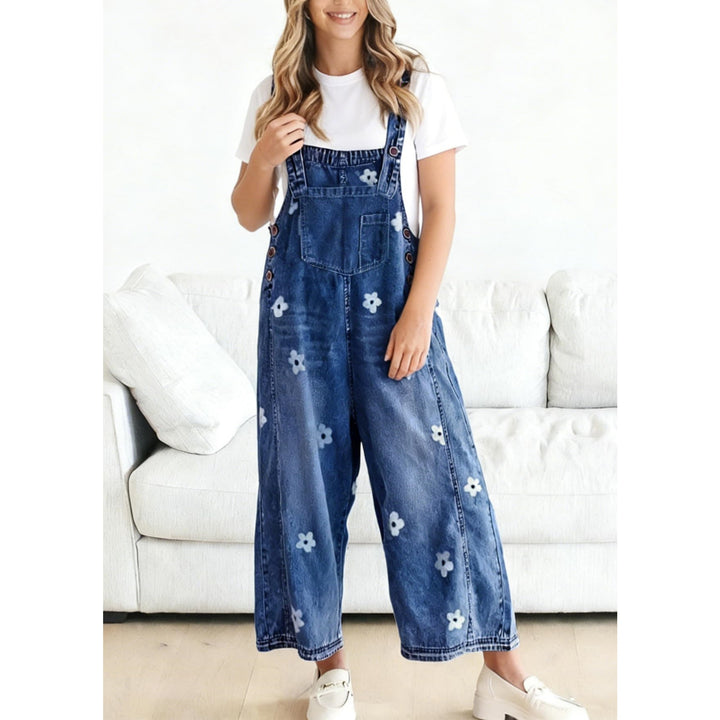 Women’s Floral Denim Overalls – Adjustable Strap Wide Leg