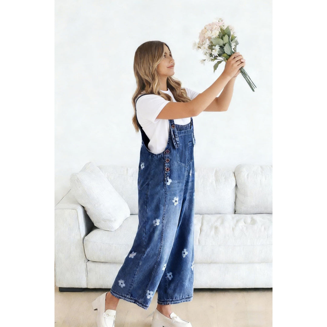 Women’s Floral Denim Overalls – Adjustable Strap Wide Leg