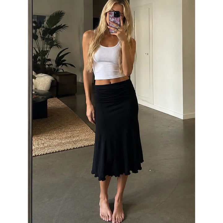Women’s Ruched Mermaid Midi Skirt – Low-Rise Slim-Fit Bodycon Skirt with Flared Hem