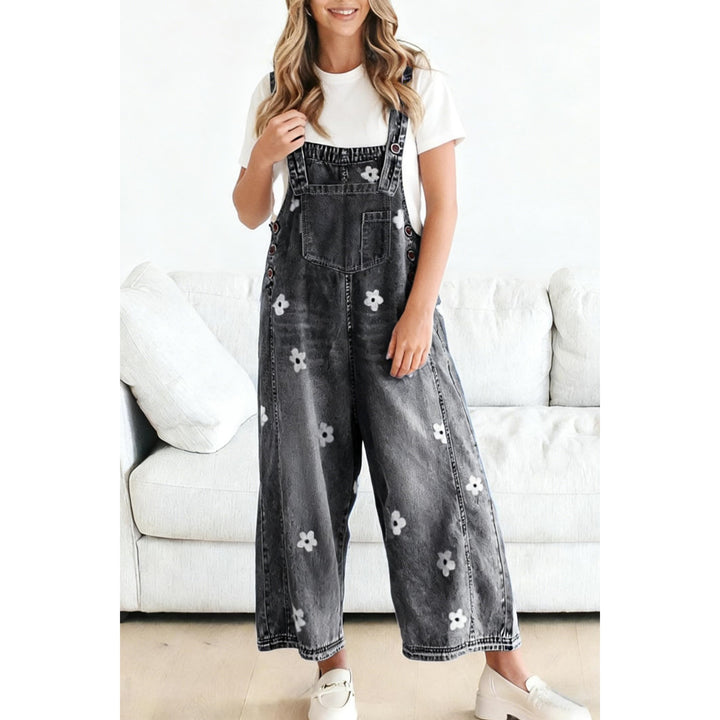 Women’s Floral Denim Overalls – Adjustable Strap Wide Leg