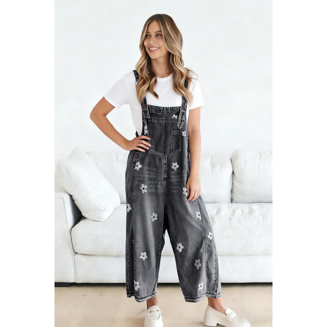 Women’s Floral Denim Overalls – Adjustable Strap Wide Leg