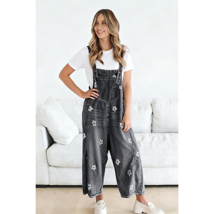 Women’s Floral Denim Overalls – Adjustable Strap Wide Leg