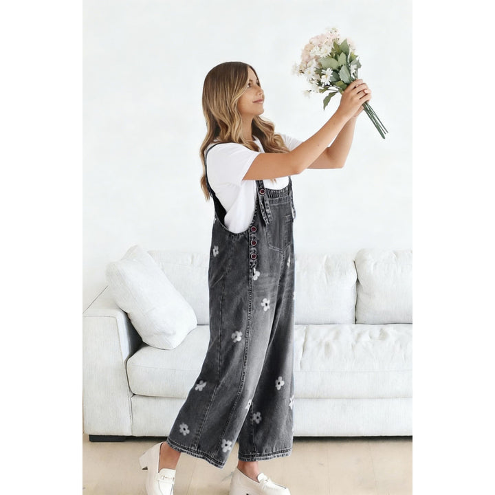 Women’s Floral Denim Overalls – Adjustable Strap Wide Leg