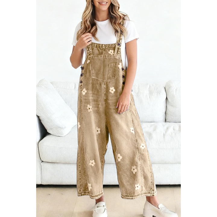 Women’s Floral Denim Overalls – Adjustable Strap Wide Leg