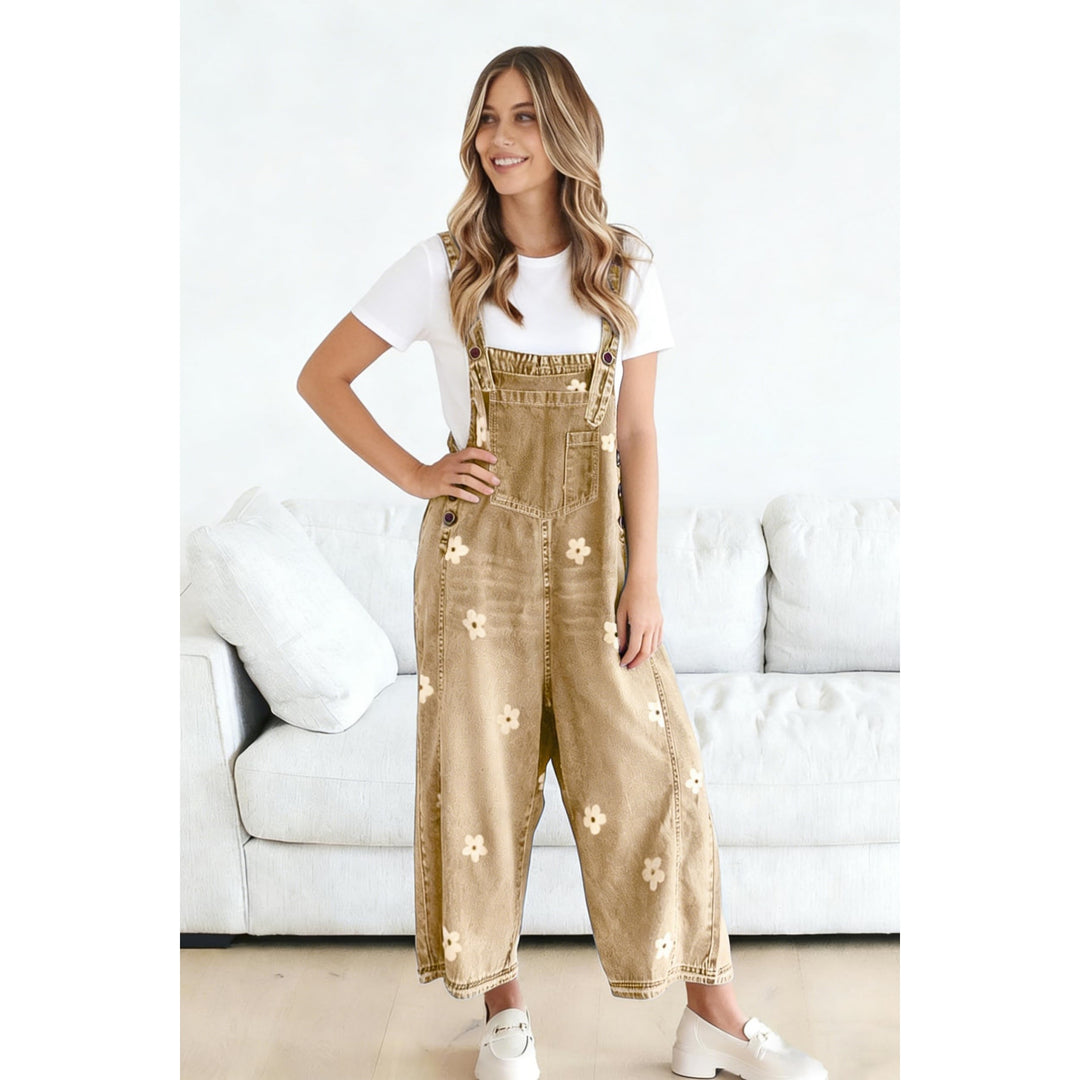 Women’s Floral Denim Overalls – Adjustable Strap Wide Leg