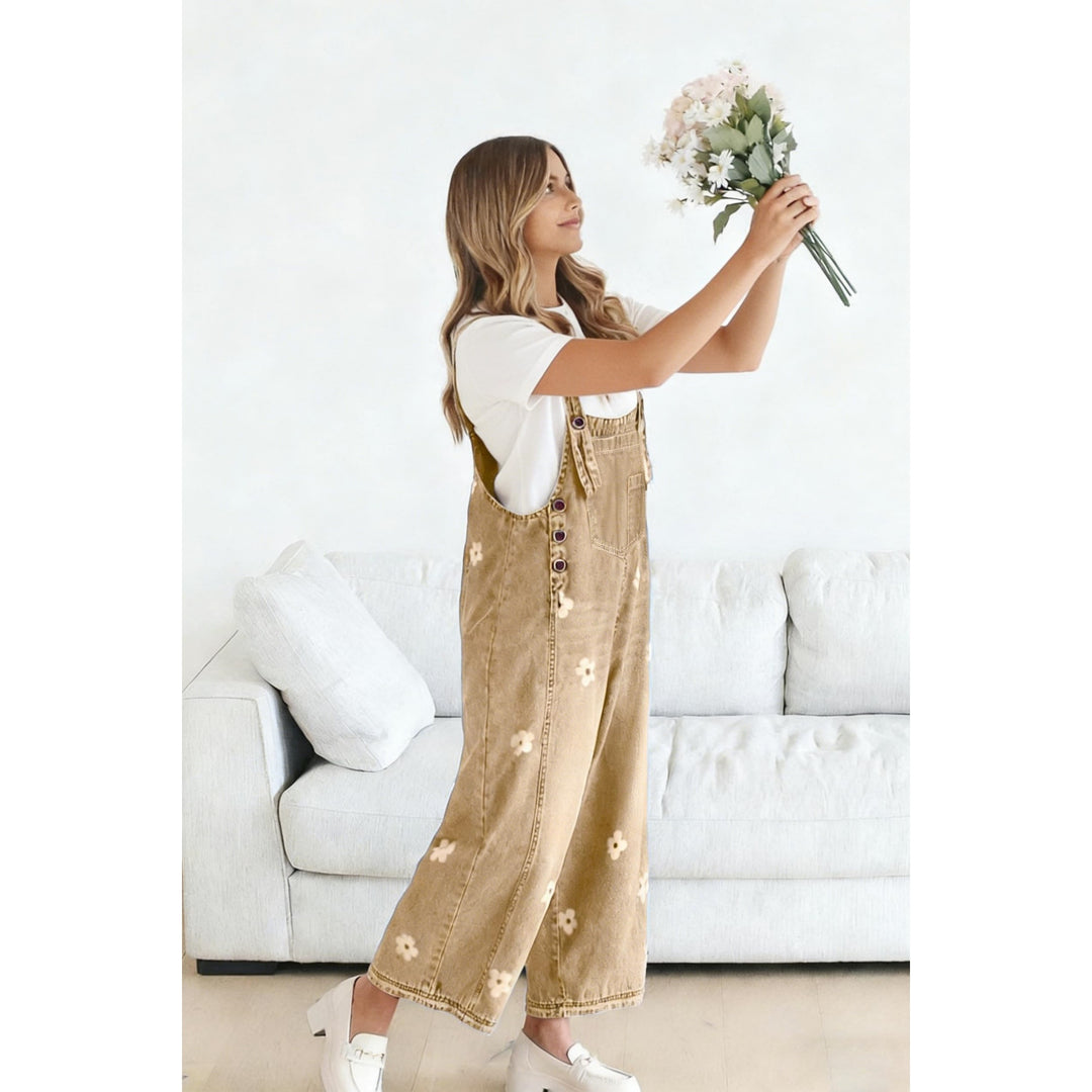Women’s Floral Denim Overalls – Adjustable Strap Wide Leg