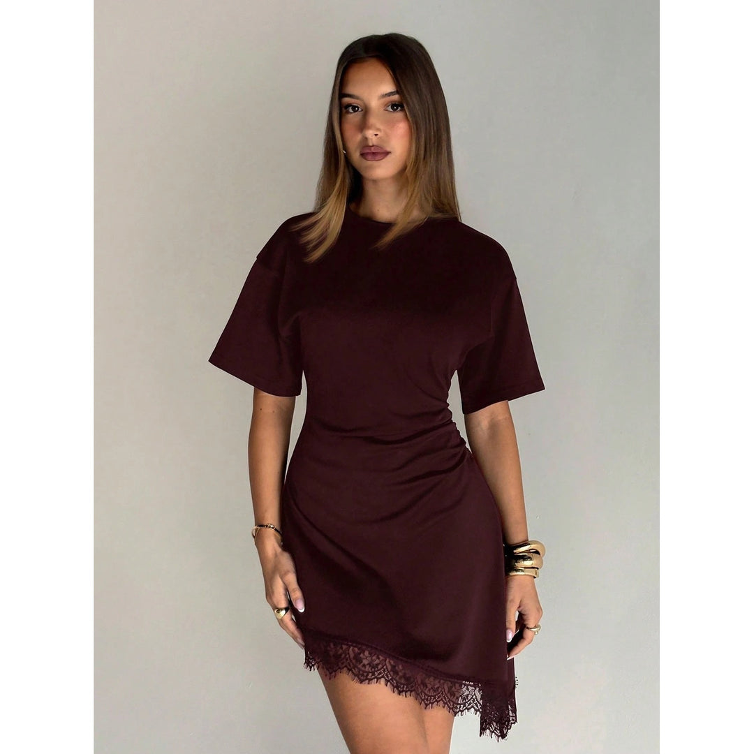 Women’s Ruched Lace Trim Bodycon Mini Dress