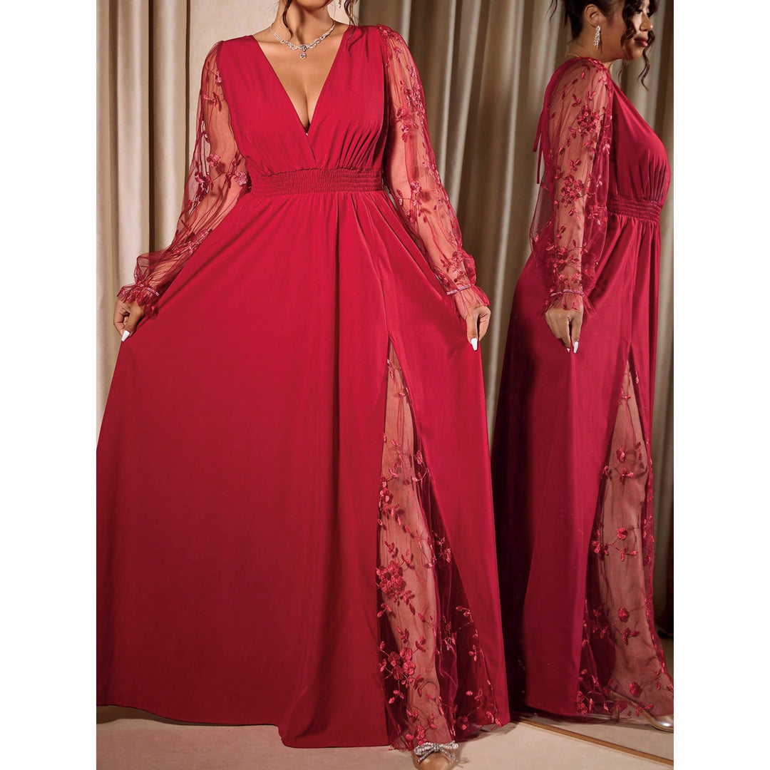 Elegant Lace-Trimmed V-Neck Maxi Dress with High Slit & Long Sleeves