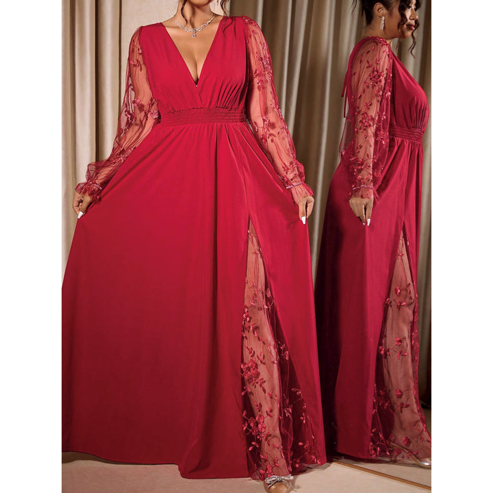Elegant Lace-Trimmed V-Neck Maxi Dress with High Slit & Long Sleeves