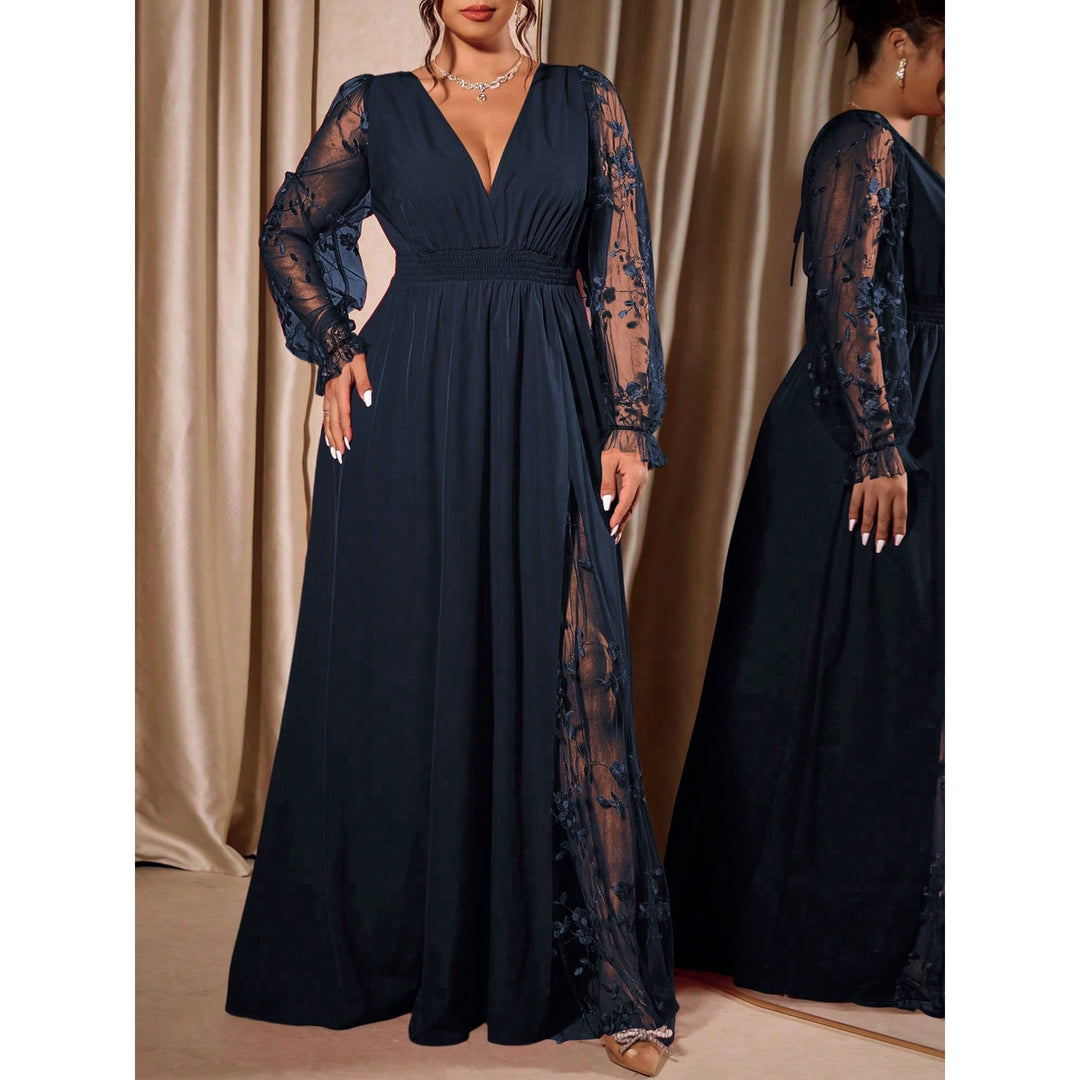 Elegant Lace-Trimmed V-Neck Maxi Dress with High Slit & Long Sleeves