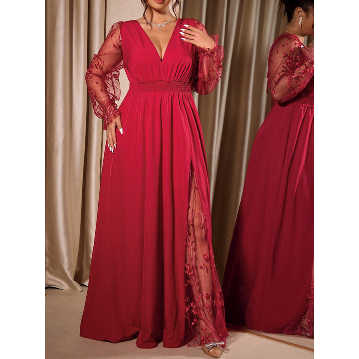 Elegant Lace-Trimmed V-Neck Maxi Dress with High Slit & Long Sleeves