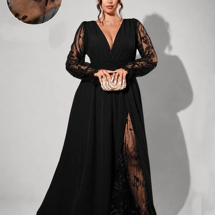 Elegant Lace-Trimmed V-Neck Maxi Dress with High Slit & Long Sleeves