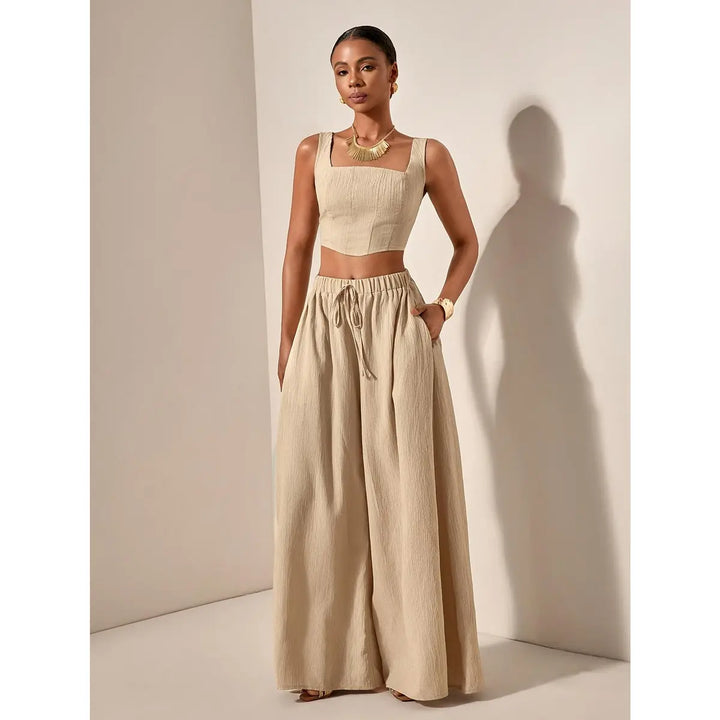Women’s 2-Piece Set – Casual Fishbone Cami Top And Wide-Leg Pants with Pockets