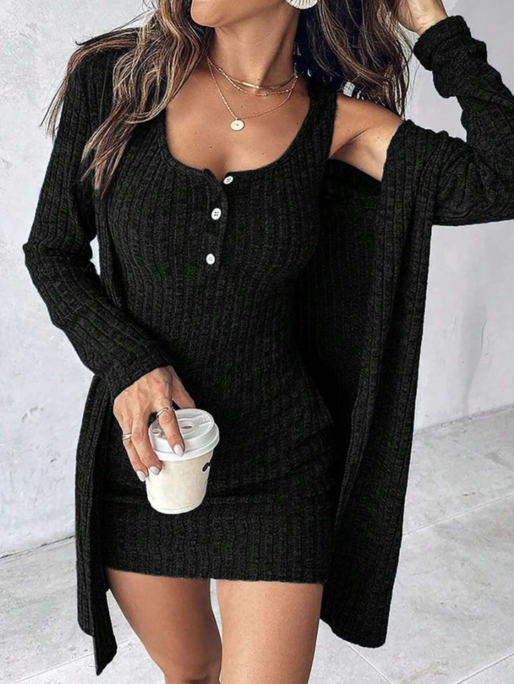 Women’s Ribbed Bodycon Dress Set – Sexy Tank Mini Dress with Matching Long Cardigan（S-5XL)