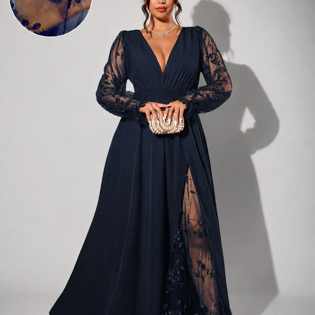 Elegant Lace-Trimmed V-Neck Maxi Dress with High Slit & Long Sleeves