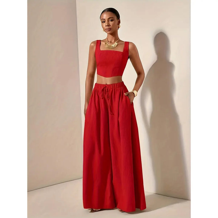 Women’s 2-Piece Set – Casual Fishbone Cami Top And Wide-Leg Pants with Pockets