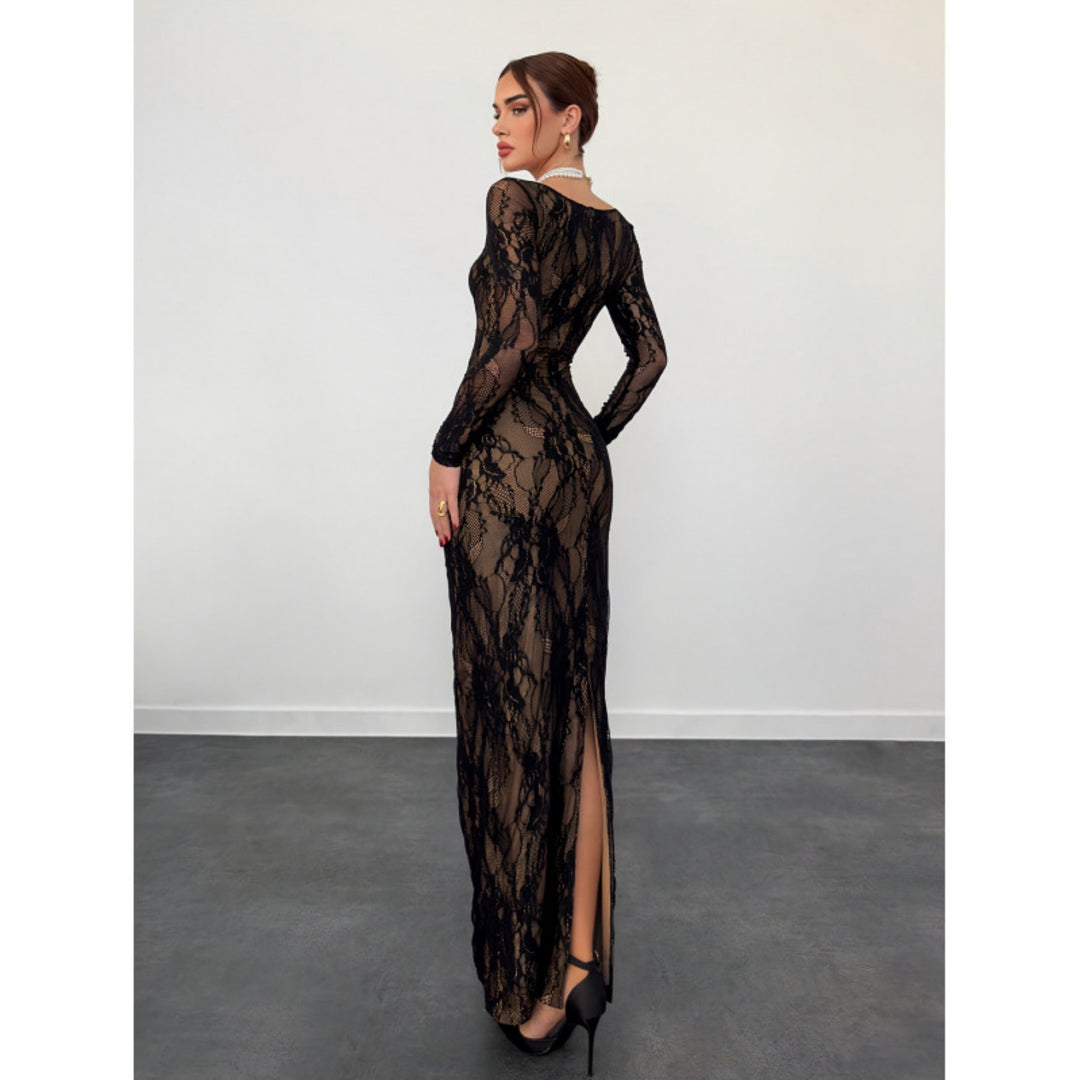 Women’s Lace Maxi Dress – Square Neck Long Sleeve Bodycon Dress
