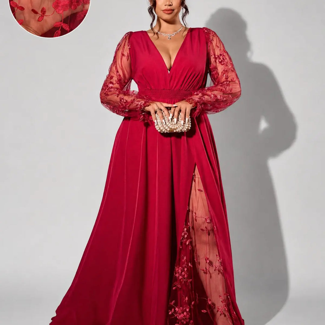 Elegant Lace-Trimmed V-Neck Maxi Dress with High Slit & Long Sleeves