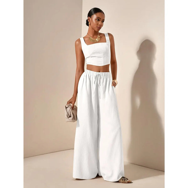 Women’s 2-Piece Set – Casual Fishbone Cami Top And Wide-Leg Pants with Pockets