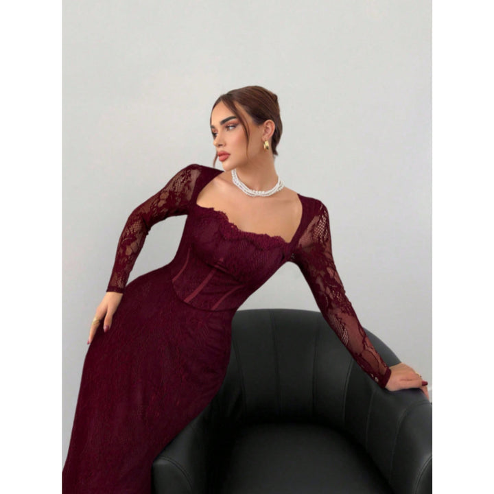 Women’s Lace Maxi Dress – Square Neck Long Sleeve Bodycon Dress