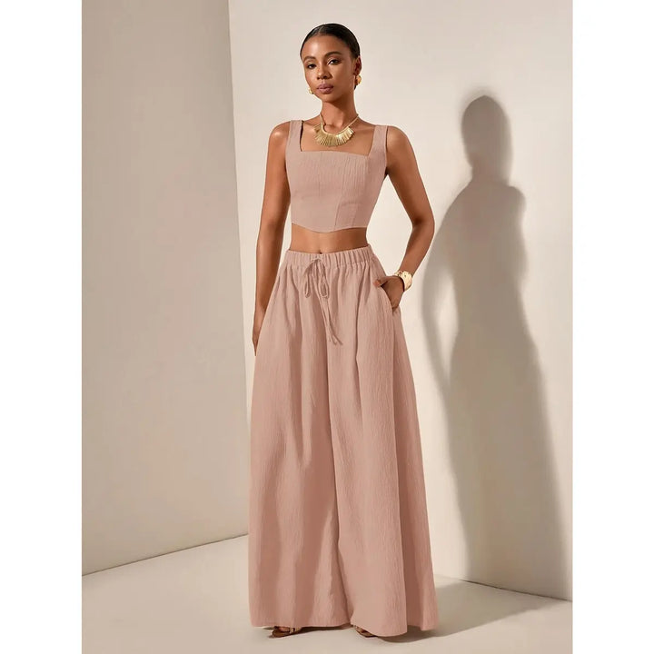 Women’s 2-Piece Set – Casual Fishbone Cami Top And Wide-Leg Pants with Pockets