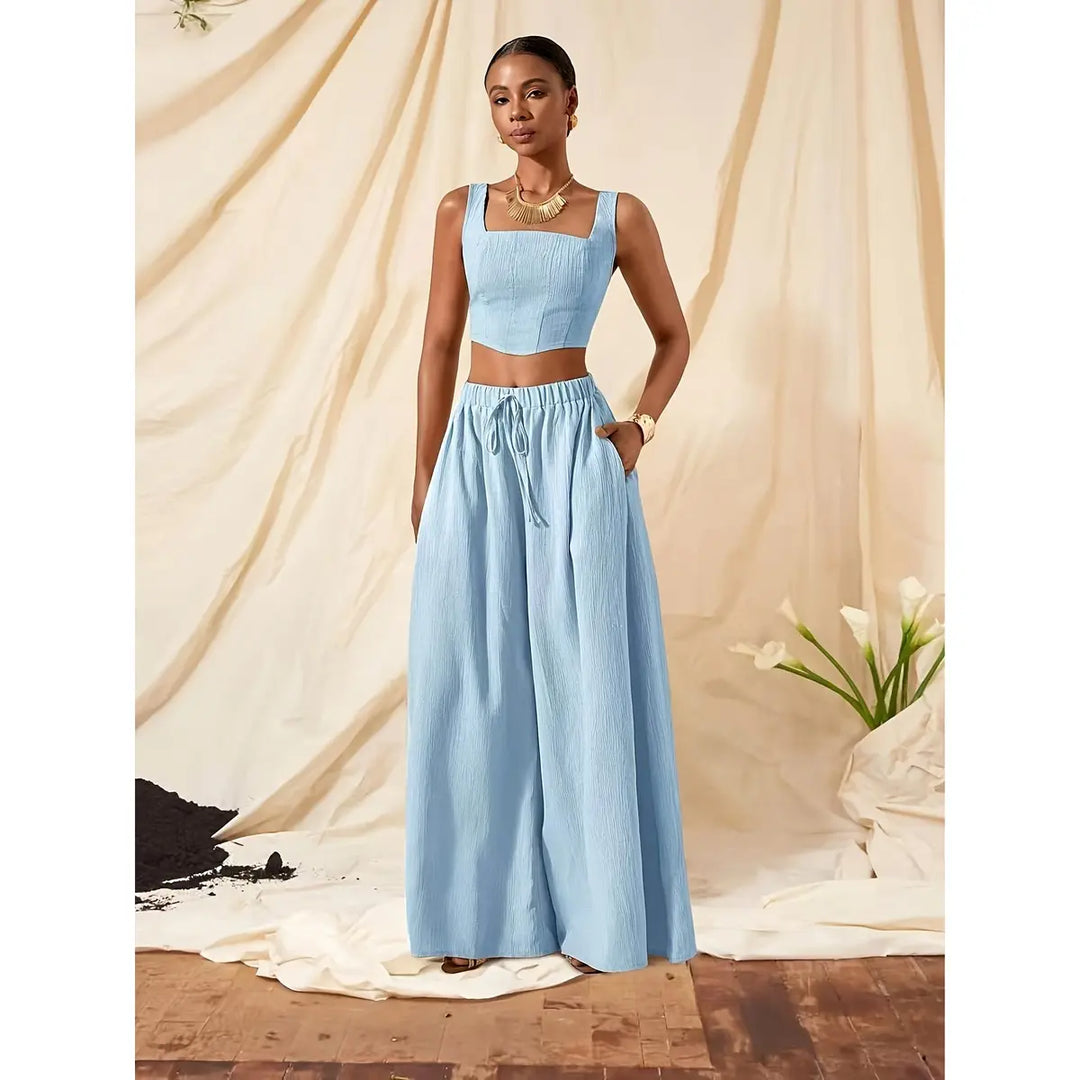 Women’s 2-Piece Set – Casual Fishbone Cami Top And Wide-Leg Pants with Pockets