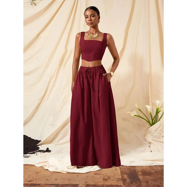 Women’s 2-Piece Set – Casual Fishbone Cami Top And Wide-Leg Pants with Pockets